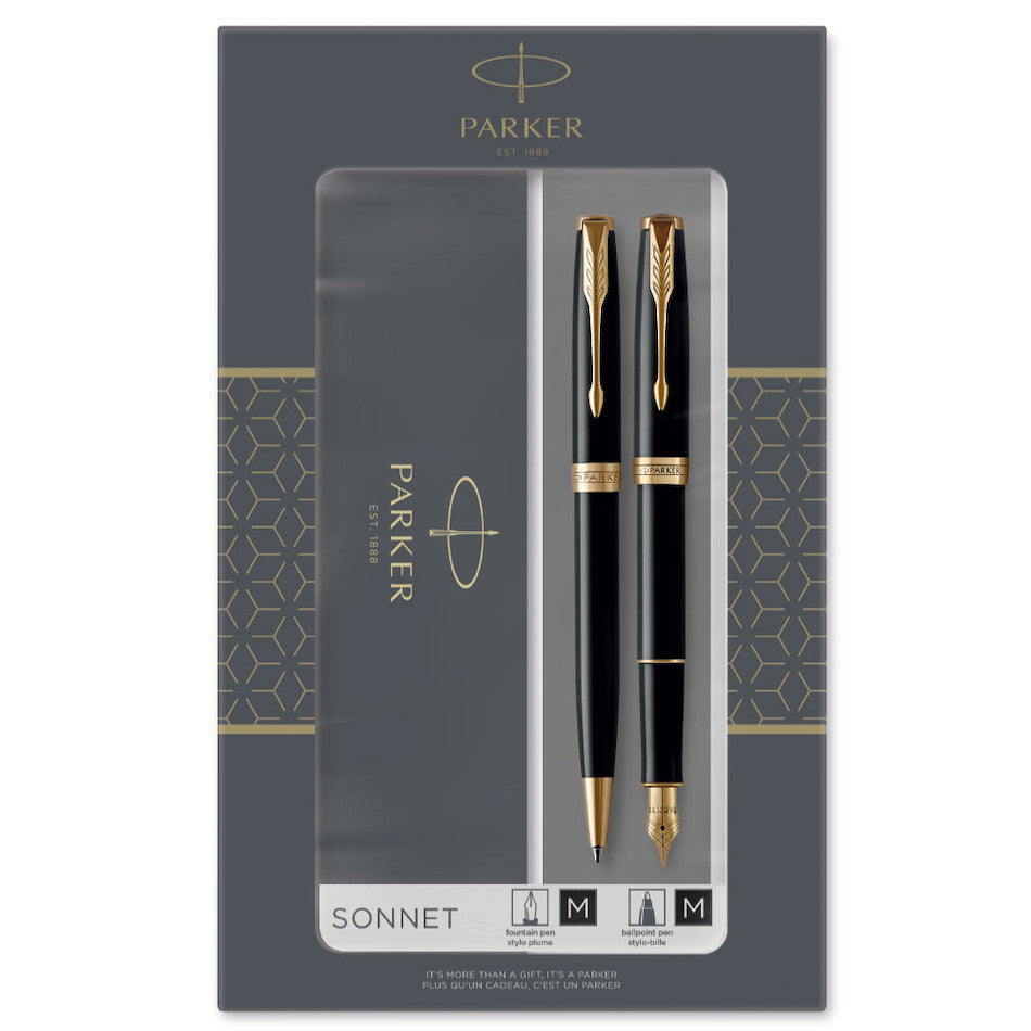 Parker Sonnet Ballpoint & Fountain Pen Duo Gift Set Black with Gold Trim by Parker at Cult Pens