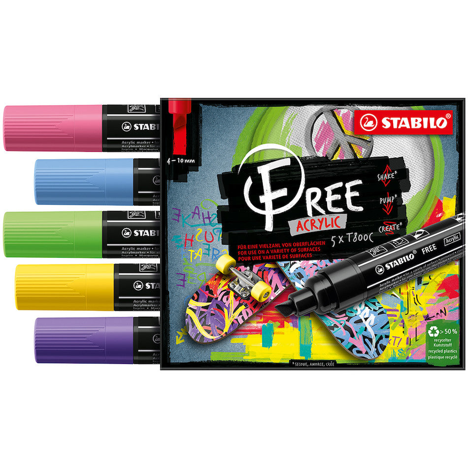 STABILO FREE T800C Acrylic Marker Pen Chisel Tip 4-10mm Wallet of 5 by STABILO at Cult Pens