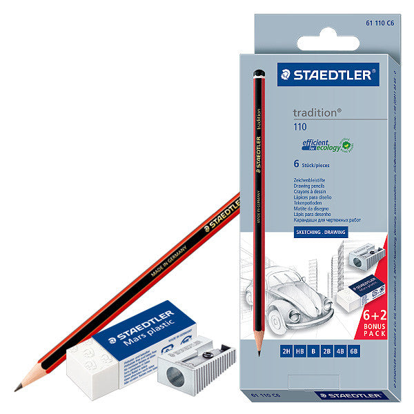 Staedtler Tradition Pencils Assorted Set of 6 with Free Eraser and Sharpener by Staedtler at Cult Pens