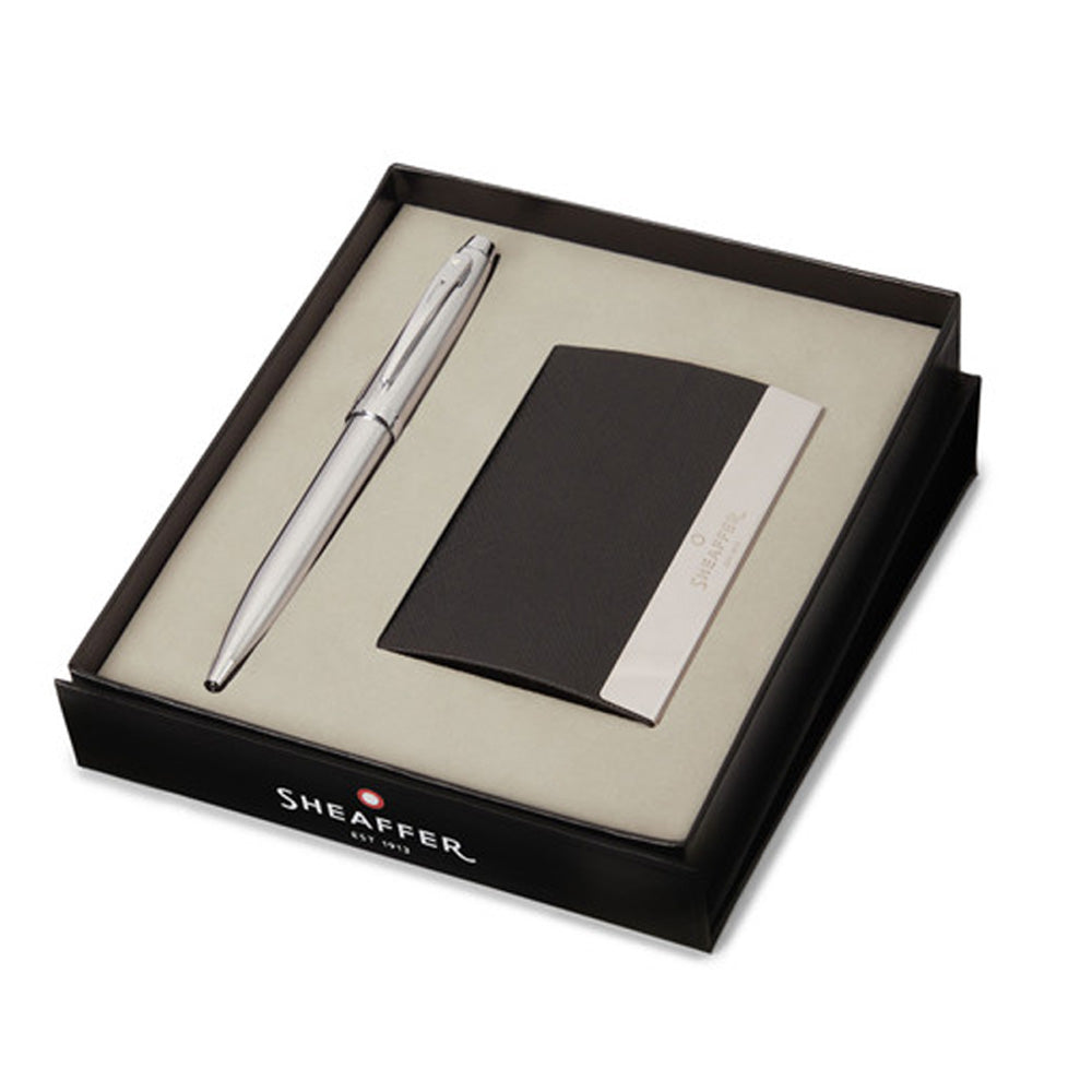 Sheaffer 100 G9306 Ballpoint Pen Chrome with Nickel Trim and Business Card Holder Set by Sheaffer at Cult Pens