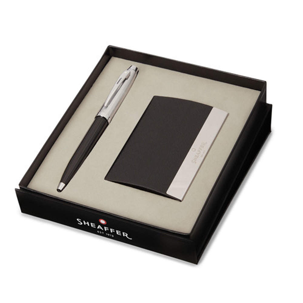 Sheaffer 100 G9313 Ballpoint Pen Glossy Black with Chrome trim and Business Card Holder Set by Sheaffer at Cult Pens