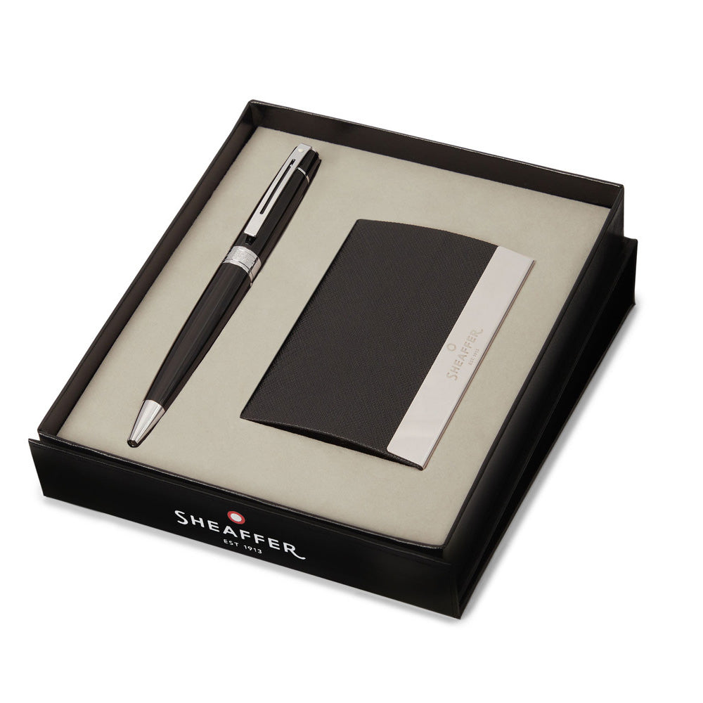 Sheaffer 300 G9312 Ballpoint Pen Glossy Black with Chrome Trim and Business Card Holder Set by Sheaffer at Cult Pens