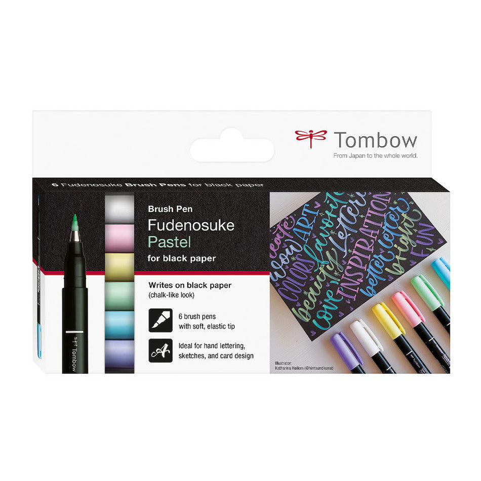 Tombow Fudenosuke Pastel Brush Pen for Black Paper Assorted Set of 6 by Tombow at Cult Pens