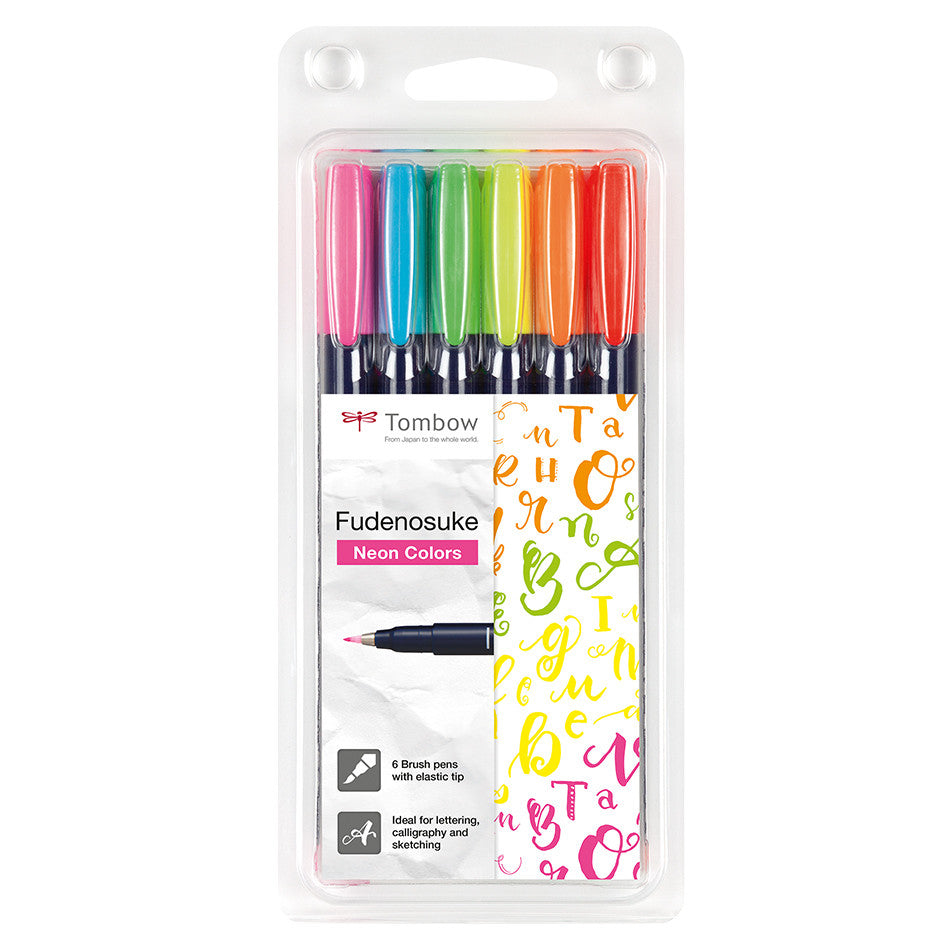 Tombow Fudenosuke Neon Colour Brush Pen Assorted Set of 6 by Tombow at Cult Pens