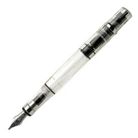 A clear-barrelled fountain pen showing its piston mechanism, shown uncapped.