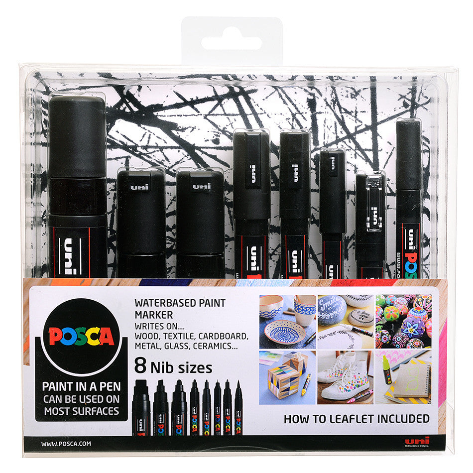 Uni POSCA Marker Pen Set of 8 Assorted Tips Black by Uni at Cult Pens