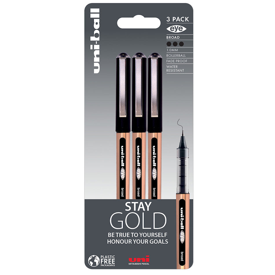Uni-ball On Point Stay Gold Broad Rollerball Handwriting Pens 3 Pack Black by Uni at Cult Pens