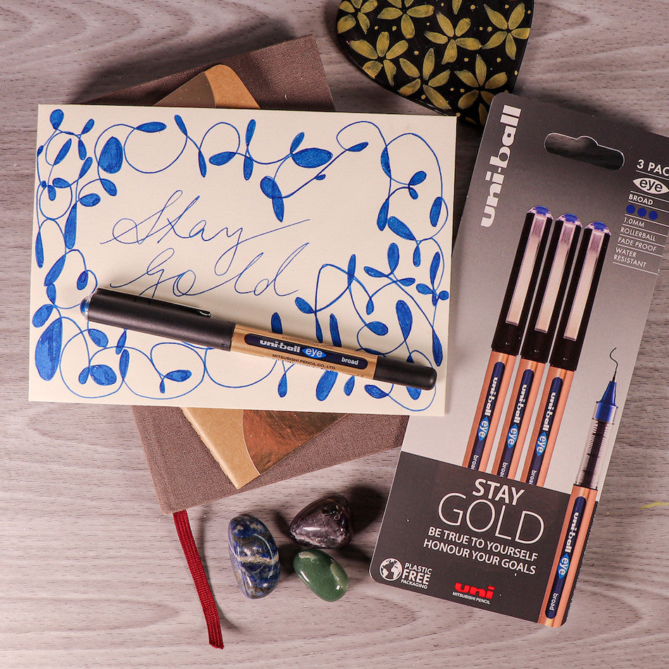 Uni-ball On Point Stay Gold Broad Rollerball Handwriting Pens 3 Pack Blue by Uni at Cult Pens