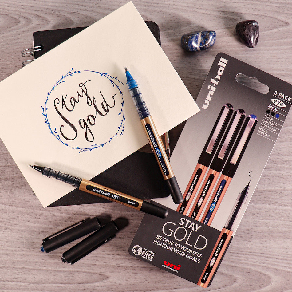 Uni-ball On Point Stay Gold Broad Rollerball Handwriting Pens 3 Pack Black/Blue by Uni at Cult Pens
