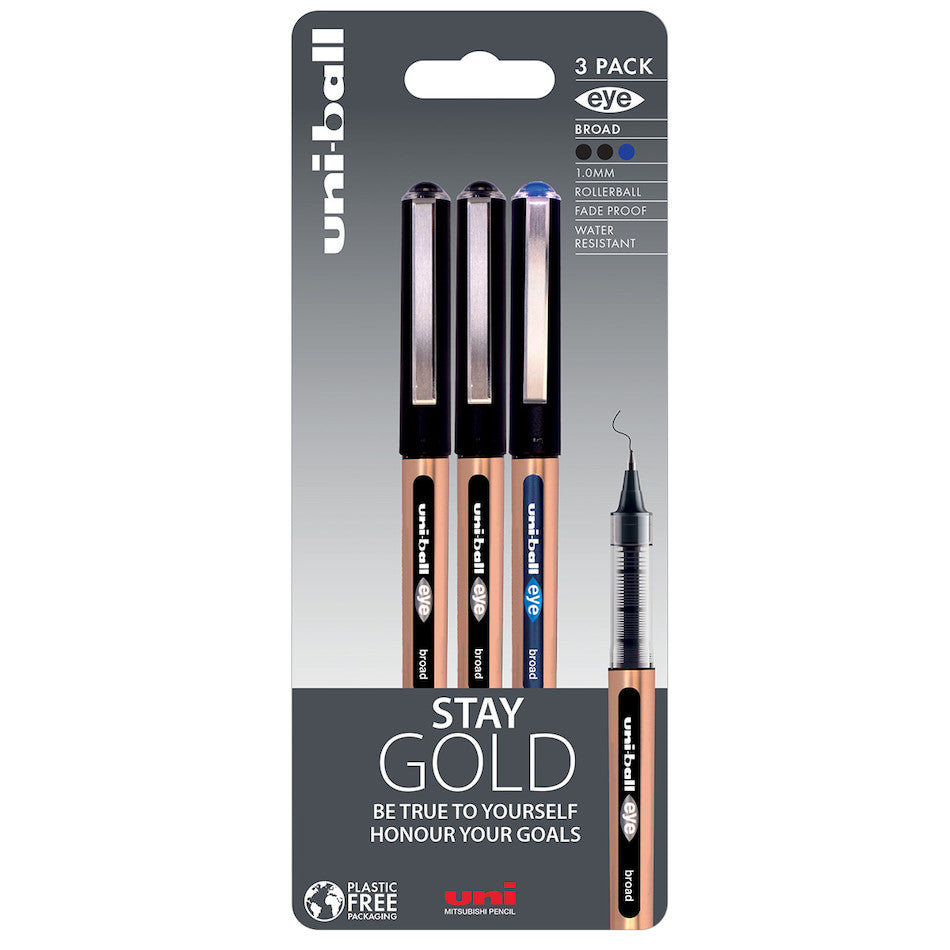 Uni-ball On Point Stay Gold Broad Rollerball Handwriting Pens 3 Pack Black/Blue by Uni at Cult Pens
