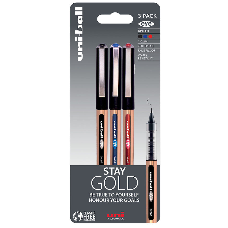 Uni-ball On Point Stay Gold Broad Rollerball Handwriting Pens 3 Pack Assorted by Uni at Cult Pens