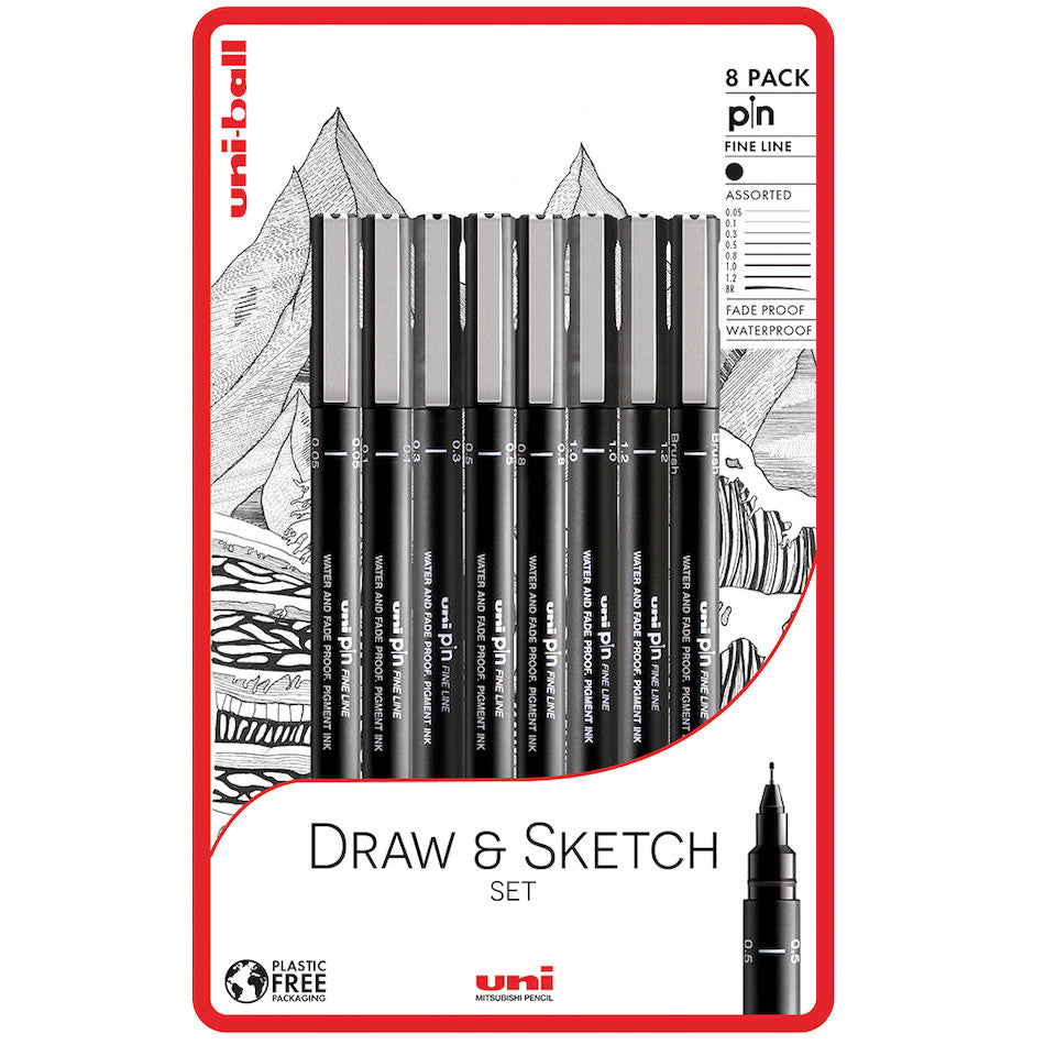 Uni-ball PIN Drawing Pen Draw and Sketch Set of 8 by Uni at Cult Pens
