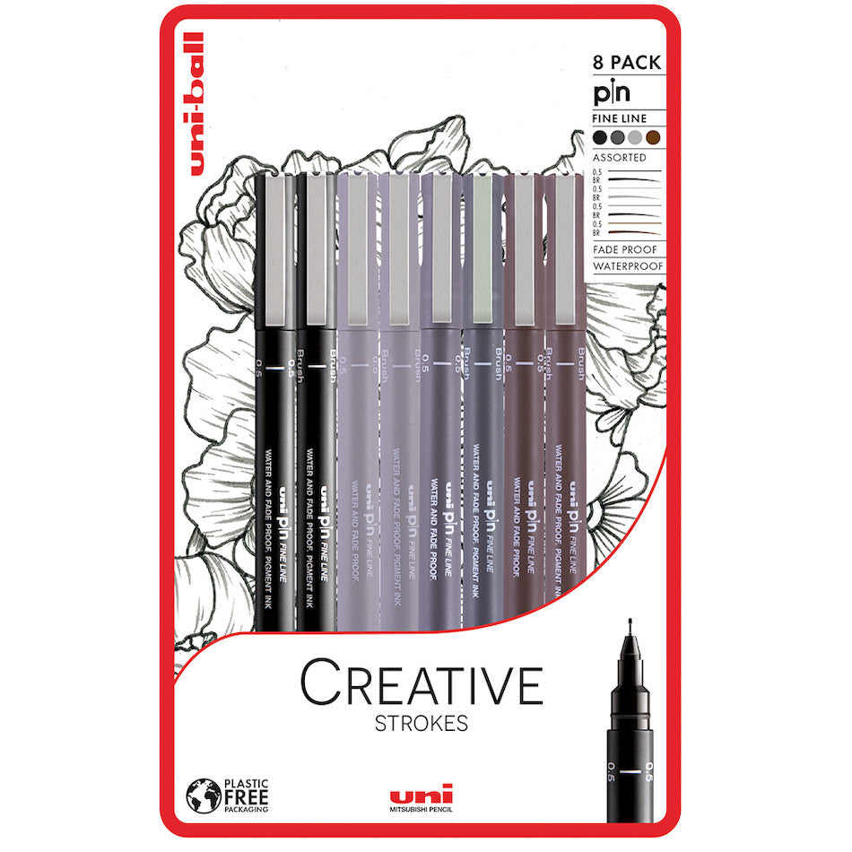 Uni-ball PIN Drawing Pen Creative Strokes Set of 8 by Uni at Cult Pens