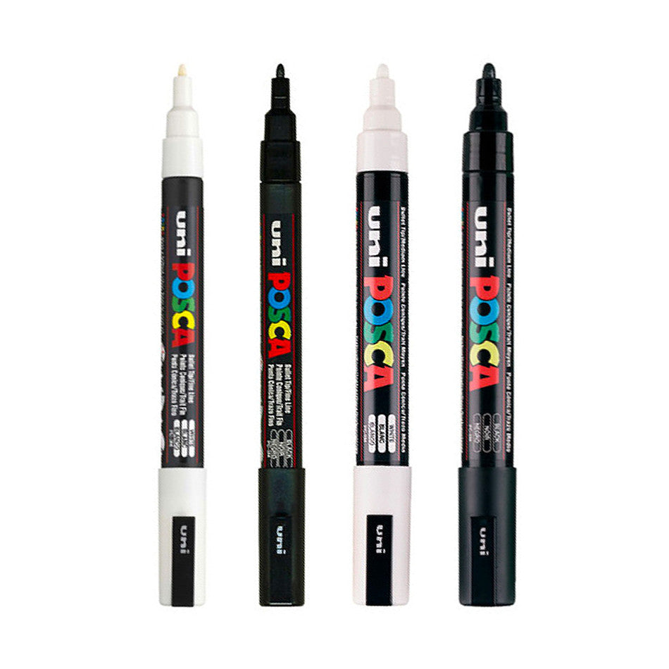 Uni POSCA Marker Pen PC-3M Fine and PC-5M Medium Set of 4 Black and White by Uni at Cult Pens