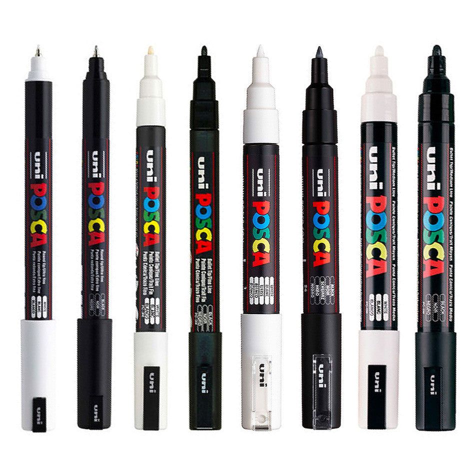 Uni POSCA Marker Pen PC-1MR Ultra-Fine to PC-5M Medium Set of 8 Black and White by Uni at Cult Pens