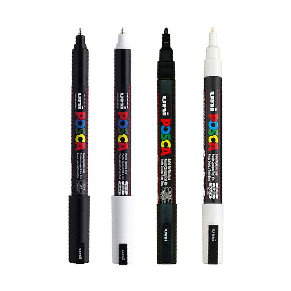 Uni POSCA Marker Pen PC-1MR Ultra-Fine and PC-3M Fine Set of 4 Black and White by Uni at Cult Pens