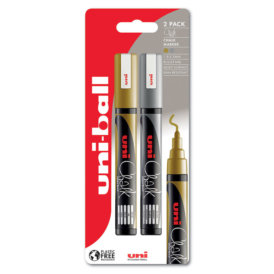 Uni Chalk Marker Pen PWE-5M Set of 2 Gold/Silver